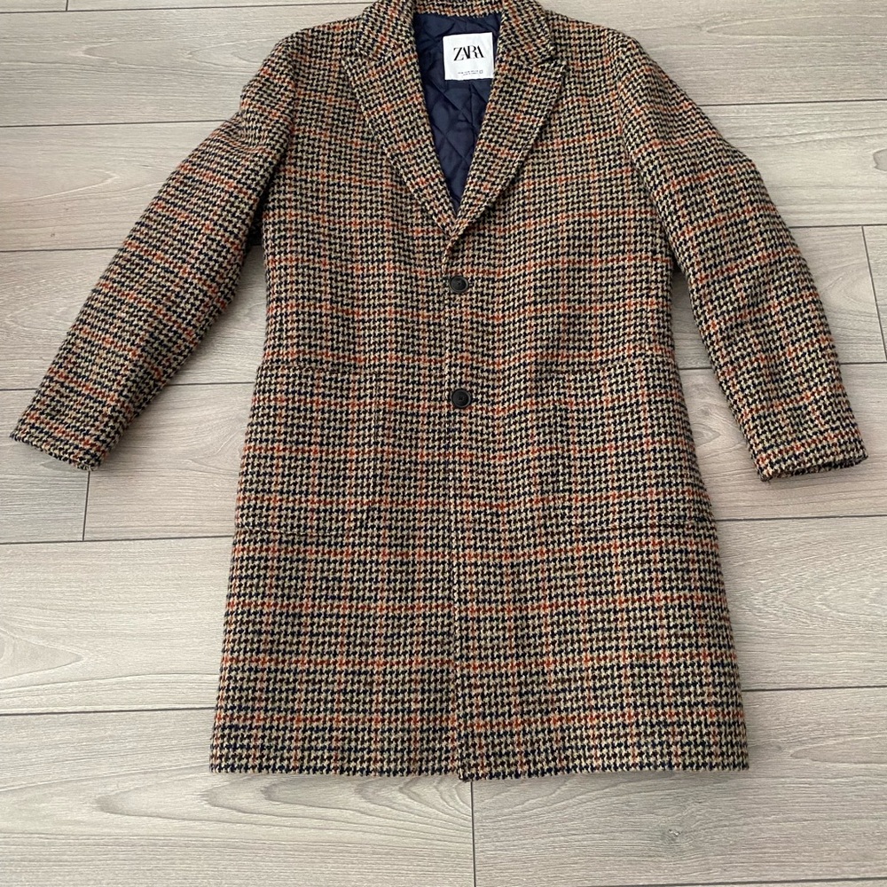 Zara Men's Tan and Black Houndstooth Trench Coat